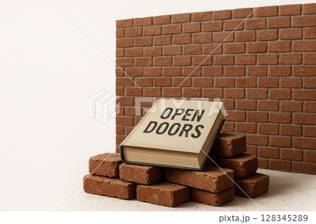 A book with the inscription OPEN DOORS lies in front of a brick wall. Space for text. A book with the inscription OPEN DOORS lies in front of a brick wall. Space for text. 128345289