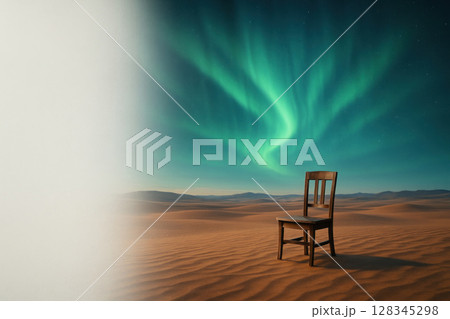 A lonely chair in the middle of the desert under the northern lights. Space for text. A lonely chair in the middle of the desert under the northern lights. Space for text. 128345298