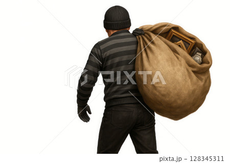 A thief with a bag filled with stolen items. Space for text. 128345311