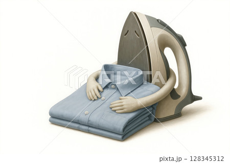 An iron hugs a neatly folded shirt. Space for text. 128345312
