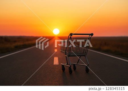 An empty cart is driving along the road towards the sunset. Space for text. An empty cart is driving along the road towards the sunset. Space for text. 128345315