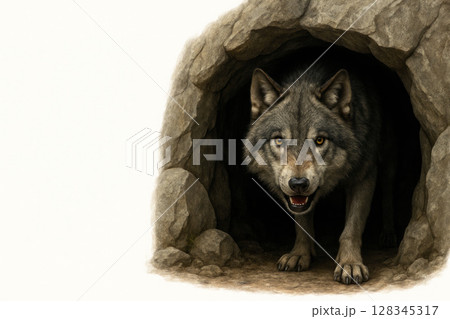The wolf comes out of the shadows of the cave, a predator on guard of the territory. Space for text. The wolf comes out of the shadows of the cave, a predator on guard of the territory. Space for text. 128345317