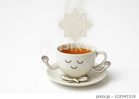 A cup of tea in a meditation pose emits a mandala. Space for text. 128345319