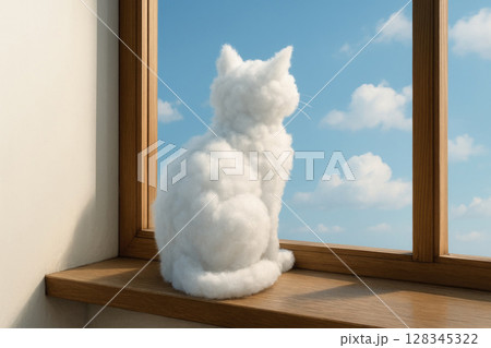 A cat-shaped cloud looks out the window. Space for text. 128345322