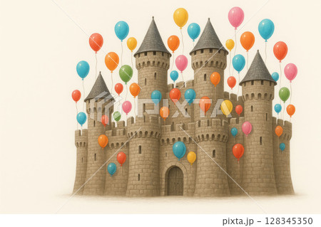 A castle surrounded by colorful balloons. 128345350