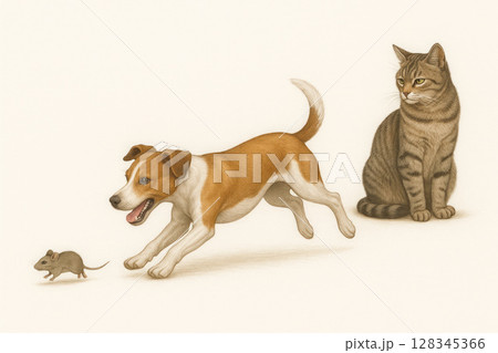 The dog is chasing a mouse, and the cat is watching indifferently. 128345366