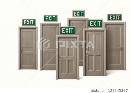 Multiple doors with EXIT signs above each. 128345367