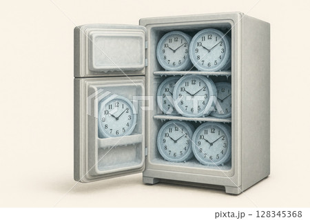 Freezer filled with frozen watch. Space for text. 128345368