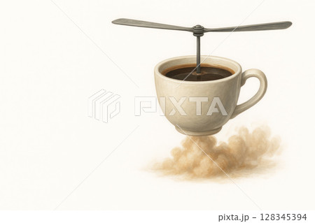 A mug of coffee with a propeller and steam as a draught. Space for text. 128345394