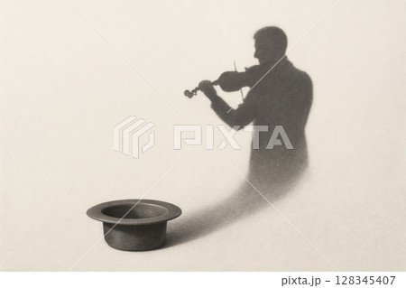The shadow of a violinist emanating from a top hat. Space for text. 128345407