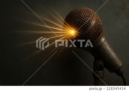 The power of the word in the light from the microphone. Space for text. 128345414