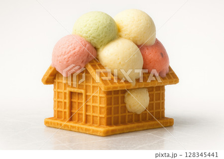 A house of waffles with a roof of ice cream scoons. A house of waffles with a roof of ice cream scoons. 128345441