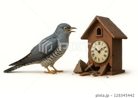 The cuckoo stands next to the broken clock. 128345442