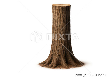 Tree trunk with roots, standing on a white background. Space for text. 128345447