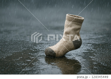 A lonely sock stands in the rain on the asphalt. Space for text. A lonely sock stands in the rain on the asphalt. Space for text. 128345449