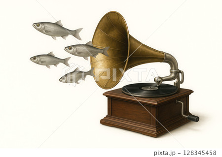 A gramophone from which fish fly out. Space for text. 128345458