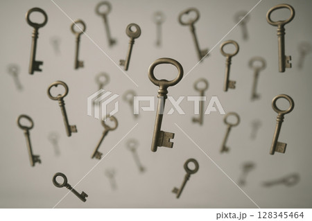A lot of ancient keys hung in the air. 128345464