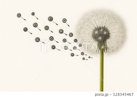 A dandelion that scatters gears instead of seeds. Space for text. A dandelion that scatters gears instead of seeds. Space for text. 128345467