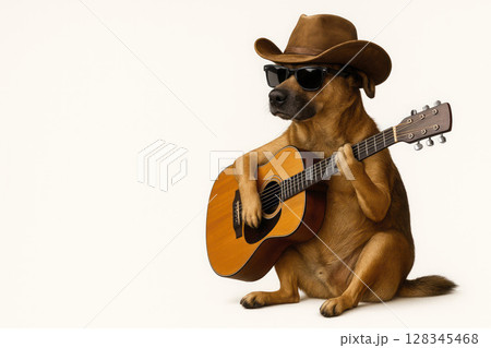A dog in a cowboy hat playing the guitar. Space for text. 128345468