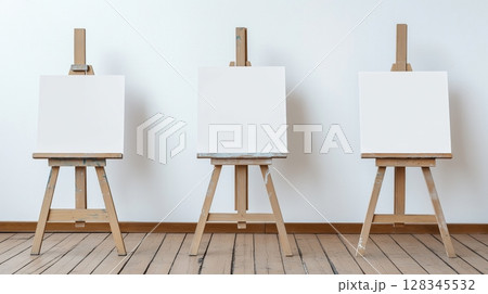 wooden easels arranged in a row against a white wall. The easels are made of light-colored wood and have a simple design with a flat top and four legs wooden easels arranged in a row against a white wall. The easels are made of light-colored wood and have a simple design with a flat top and four legs 128345532