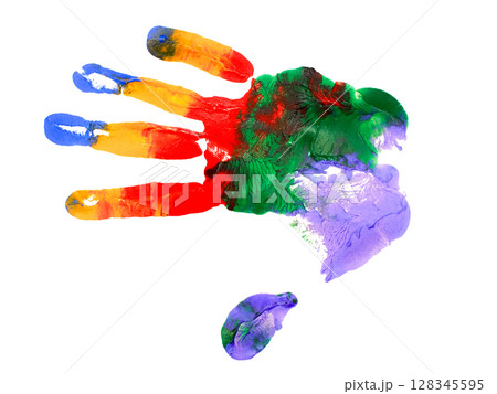 A vivid multicolor handprint made with finger paints, isolated on a transparent or black background. Ideal for education materials, child art concepts 128345595