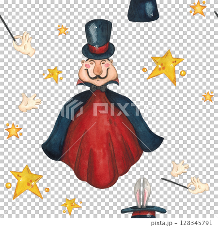 Magician, yellow stars, hands, magic wand and hat with rabbit ears Magician, yellow stars, hands, magic wand and hat with rabbit ears 128345791
