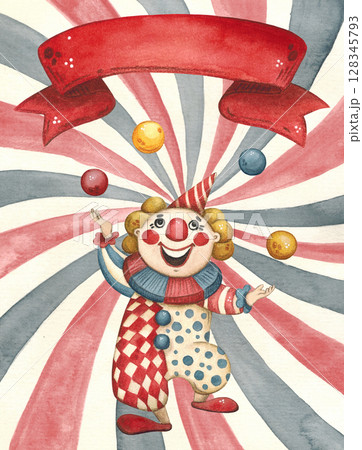 A clown juggles balls against a background of swirling red and blue stripes 128345793