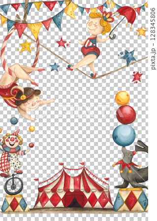 Colorful poster, circus, animals and performers against the background of flags and stars Colorful poster, circus, animals and performers against the background of flags and stars 128345806