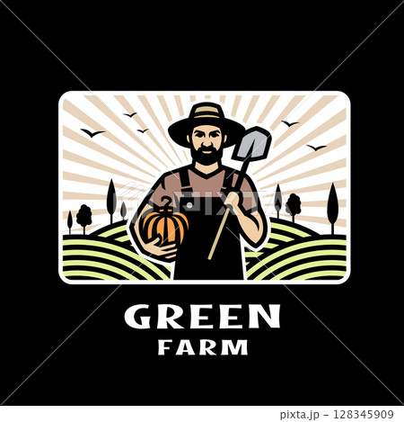 Farmer with a shovel and a pumpkin in his hands against the background of a farm on a dark background. 128345909