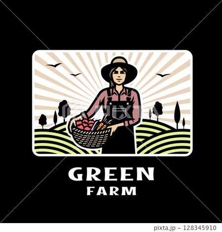 Farmer girl with a basket of vegetables on a dark background. 128345910