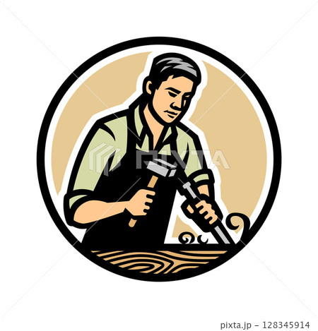 Carpenter with a chisel and hammer. Carpenter with a chisel and hammer. 128345914