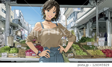 八百屋で野菜を販売する女性のイラスト素材 128345929