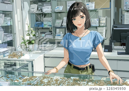 アクセサリー売り場で働く女性のイラスト素材 128345930