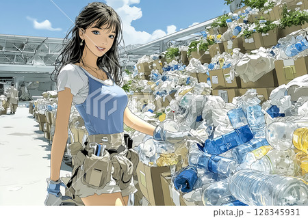 リサイクルセンターで働く女性のイラスト素材 リサイクルセンターで働く女性のイラスト素材 128345931