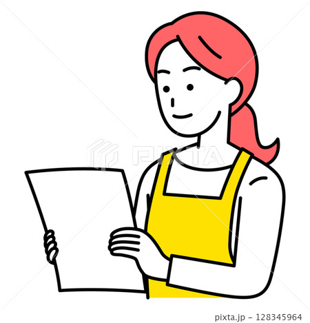 書類を見るエプロン姿の女性 書類を見るエプロン姿の女性 128345964
