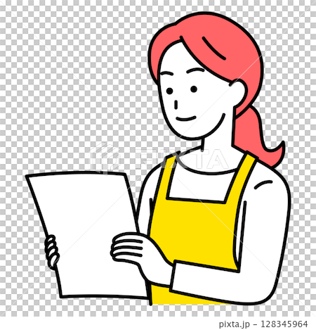 書類を見るエプロン姿の女性 書類を見るエプロン姿の女性 128345964