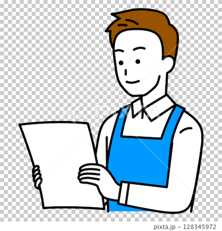 一名穿著圍裙的男子正在查看文件 一名穿著圍裙的男子正在查看文件 128345972