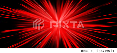 Explosive red light rays, radiate lines burst effect. Sunburst beams, dynamic red streaks background for speed power sport, heat weather, sci-fi and technology, comic manga art. Vector illustration 128346014