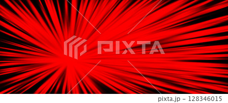 Explosive red light rays, radiate lines burst effect. Sunburst beams, dynamic red streaks background for speed power sport, heat weather, sci-fi and technology, comic manga art. Vector illustration 128346015