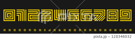 Modular numeric font, abstract maze grid numbers and letters, coded techno structure for futuristic poster visuals, NFT mood, visual branding system, digital block digits. Vector typeset. 128346032