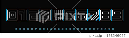 Font Logo Numbers Numeric Alphabet Typography Design Vector Type Typeface. Modular techno digits with maze-like grid, neon-outlined intensity for esports titles, sci-fi UI, arcade, futuristic stream. 128346035