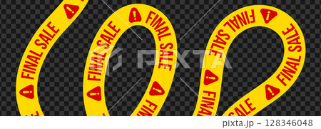 Yellow alert ribbon, bold red text, final sale tape for urgent promo zone, retail deal area, marketing checkout stripe, dynamic warning design. Vector illustration. 128346048