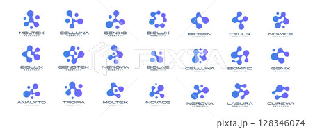 Science Logo Set Bio Nero Lab Emblem Molecule Icon, Cell Division Sign Connected Dot Style, Abstract Molecular Structure for Medical Pharmaceutical and Chemistry Chemical Science Vector Logotype 128346074
