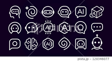 AI chatbot icon set with brain, robot, chip, speech, circuit, assistant symbols. Outline linear design for smart tech, neural networks, UI, machine learning, futuristic apps. Vector illustration. 128346077