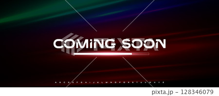Coming soon interface with glowing progress bar. Futuristic digital typography for tech promo, website launch, app loading page, UI UX design. Bold urban font, techno alphabet. Vector illustration 128346079