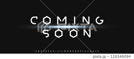 Coming soon typographic design, futuristic banner with glowing light and hexagon font. Sci-fi minimal template for web launch, tech promo, UI UX update. Innovative typography. Vector illustration 128346094