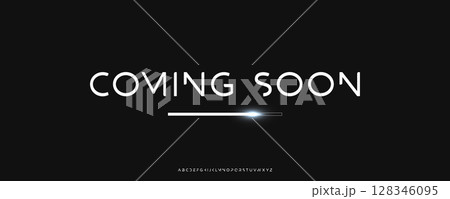 Hi-Tech Minimalistic Banner with Coming Soon Typography on Black Background. Announcement poster with futuristic Font for Movie Teaser, Conference, Forum, Tech Fest. Vector Illustration. 128346095