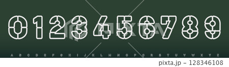Segmented numeric font, outlined tactical numbers and letters, geometric sporty structure for jersey scoreboard use, dynamic impact, military-tech aesthetic, bold esports digits. Vector typeset Segmented numeric font, outlined tactical numbers and letters, geometric sporty structure for jersey scoreboard use, dynamic impact, military-tech aesthetic, bold esports digits. Vector typeset 128346108