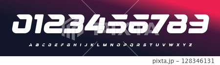 Futuristic Racing Number Font, Strong Bold Slanted Alphabet for e-sport, soccer, sports car branding, race events, esports jersey numbers, or fast-paced digital interfaces. Vector Illustration. 128346131