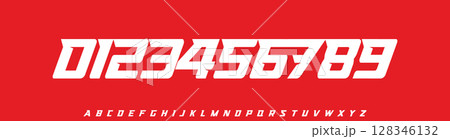 Futuristic Racing Number Font, Strong Bold Slanted Alphabet for automotive, soccer, sports car branding, race events, esports jersey numbers, or fast-paced digital interfaces. Vector Illustration. 128346132